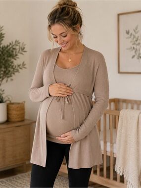 Ripe Maternity Taupe Tie-Front Ribbed Cardigan size L